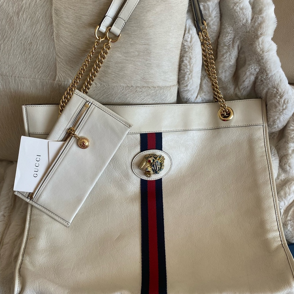 Gucci White Rajah Leather Tote with Chain Straps